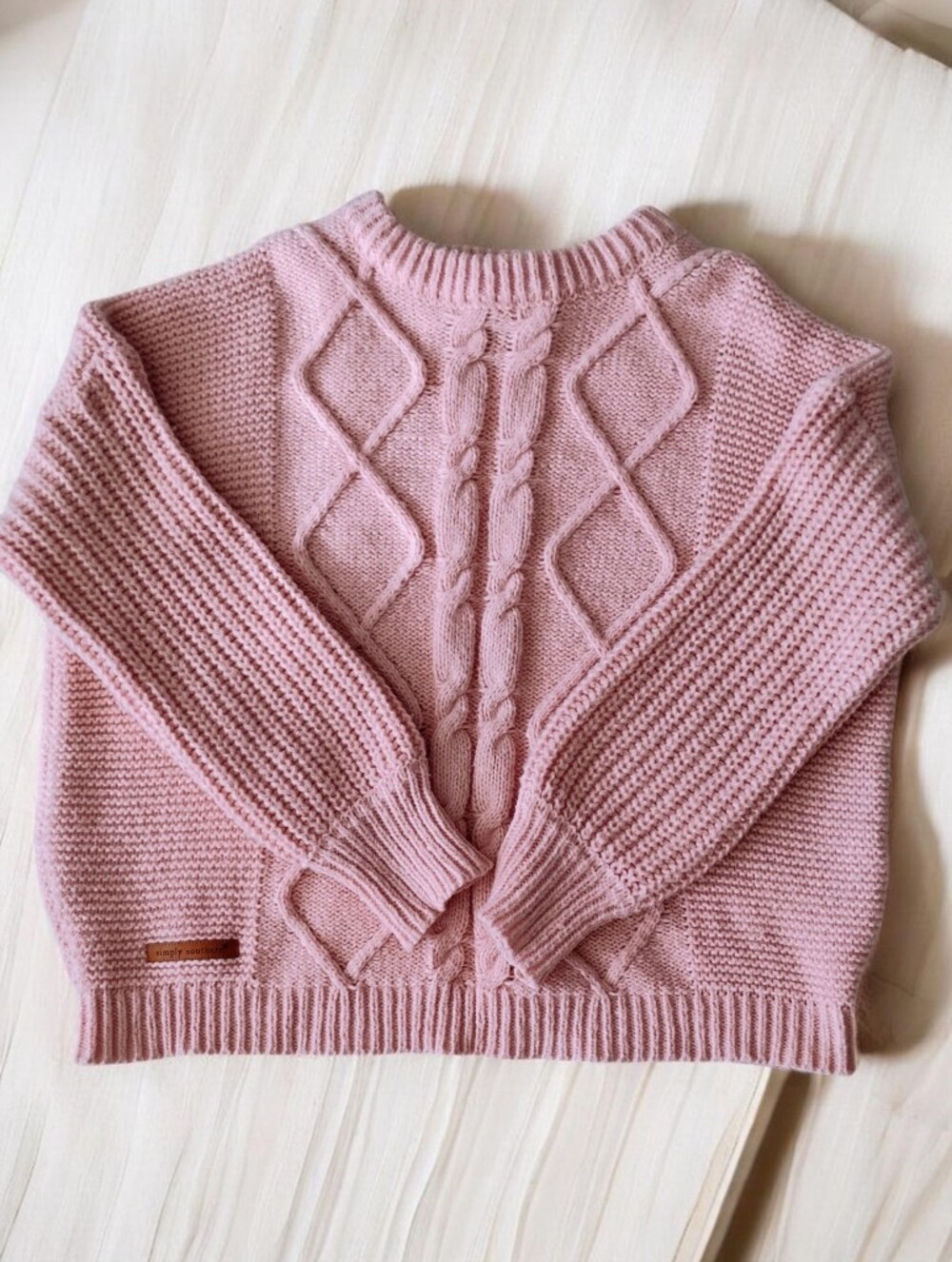 Simply Southern Preppy Cable Knit Diamond Sweater Rose Pink Boxy - Medium